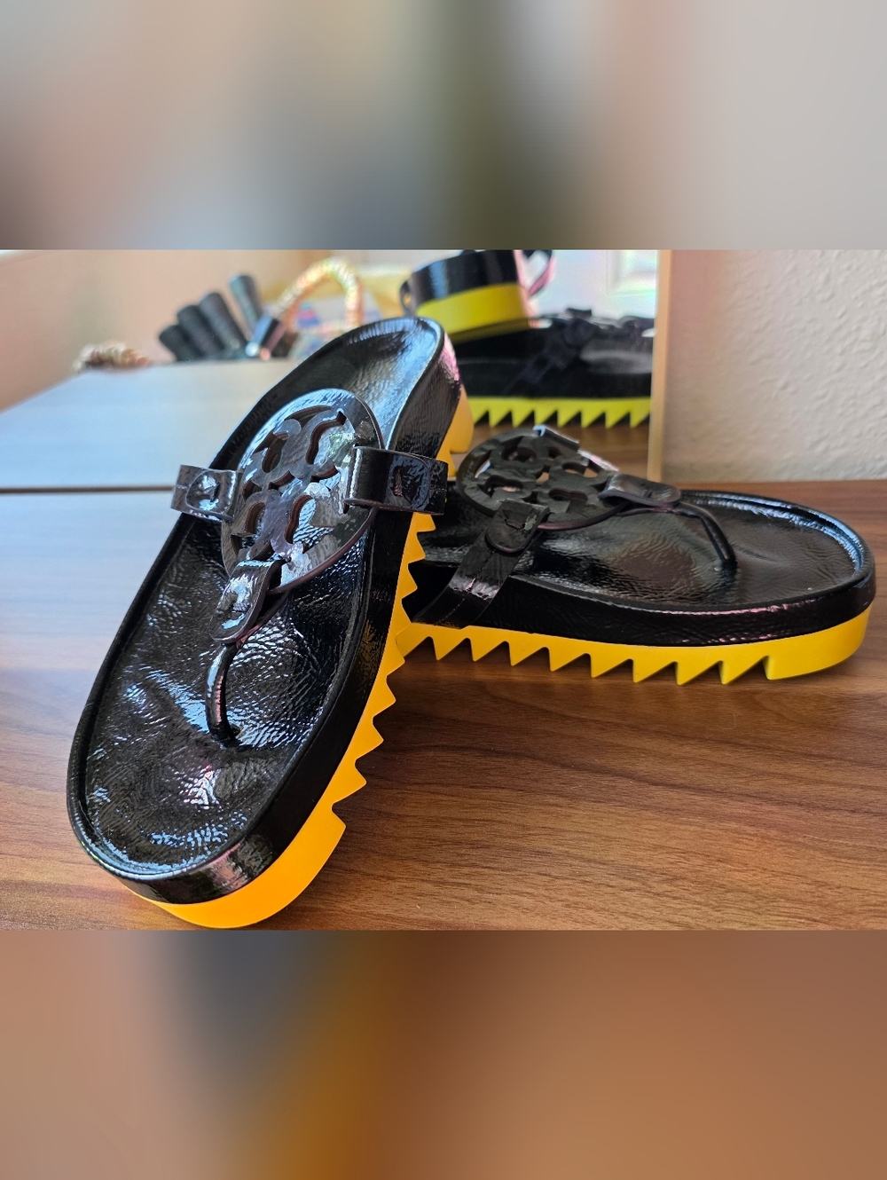 Tory Burch Black Patent Slides with Yellow Zigzag Platform - Picture 2 of 4